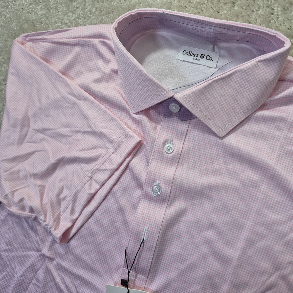 Collars and Co Dress Collar Polo Shirt Mens Large Pink Houndstooth Preppy Golf